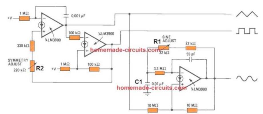 9) Circuito gerador de funções usando lM3900 Norton Op Amp